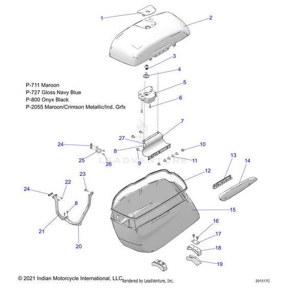 Exploded diagram of a motorcycle side case assembly with numbered parts, featuring the Lid Saddlebag RH Aljade by Polaris, main compartment, brackets, hardware, and trim pieces. OEM parts details are listed in the top left corner.