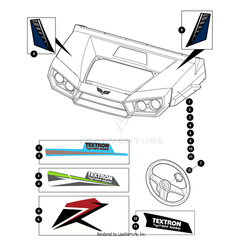 Line drawing of a vehicle front highlights decal placements, including the Arctic Cat Hood Decal Top Side Right (For Stampede), with callouts and insets showing close-ups of each decal and its exact position.