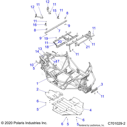 An Image of a Genuine Polaris Parts Schematic Diagram showing the schematic - CHASSIS: MAIN FRAME AND SKID PLATE - 2021 POLARIS RZR 900 TRAIL/TRAIL S