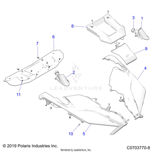An Image of a Genuine Polaris Parts Schematic Diagram showing the schematic - BODY: HOOD - 2022 POLARIS RZR TURBO R 4 SPORT
