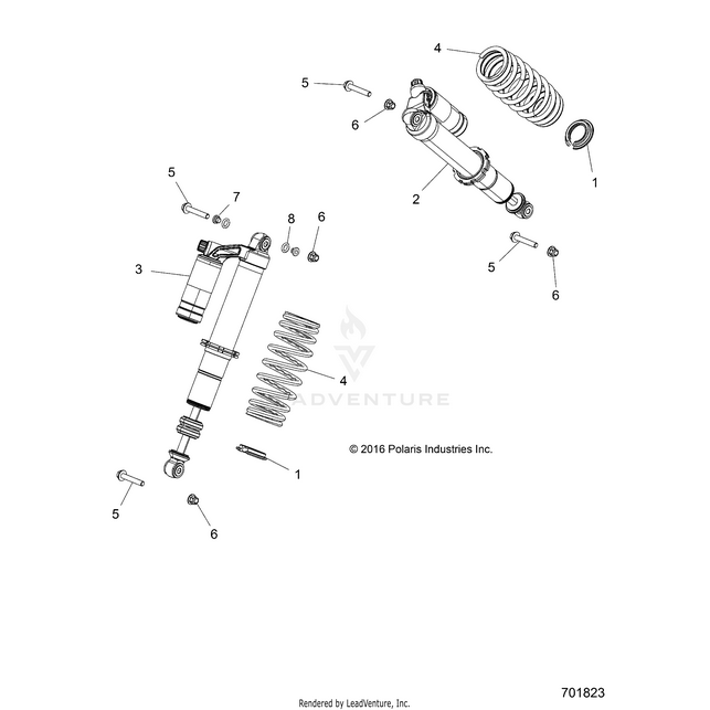 An Image of a Genuine Polaris Parts Schematic Diagram showing the schematic - SUSPENSION: REAR SHOCK MOUNTING - 2018 POLARIS RZR S 1000 EPS