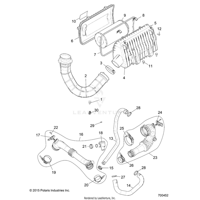 An Image of a Genuine Polaris Parts Schematic Diagram showing the schematic - ENGINE: AIR INTAKE SYSTEM - 2017 POLARIS RZR XP 4 TURBO