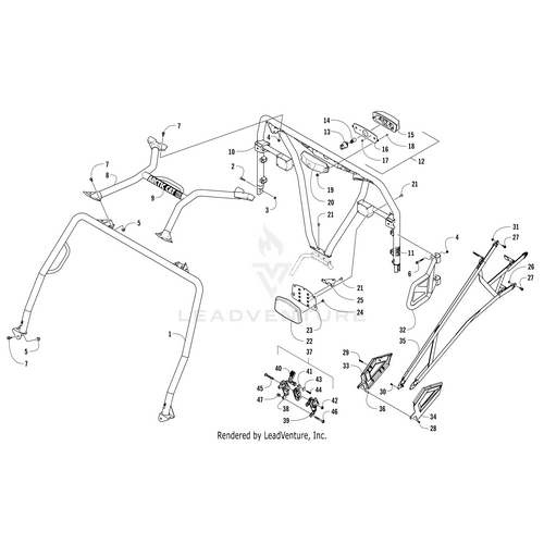 Black and white technical diagram of the “Rops - Rear (Inc. 11)” by Arctic Cat, with numbered labels highlighting all parts—bars, brackets, bolts, and mounting hardware—referencing genuine OEM components for easy identification.