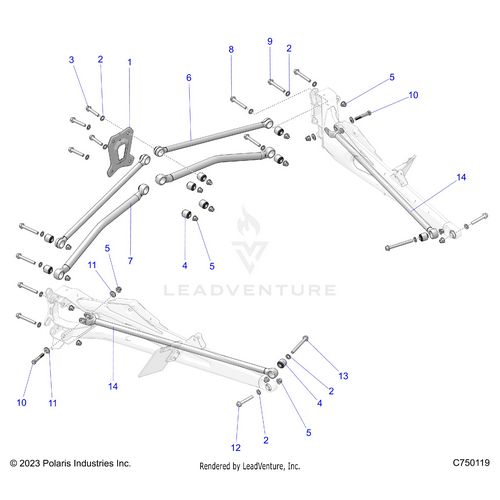 An Image of a Genuine Polaris Parts Schematic Diagram showing the schematic - SUSPENSION: REAR TRAILING ARMS MOUNTING - 2025 POLARIS RZR PRO R 4 SPORT