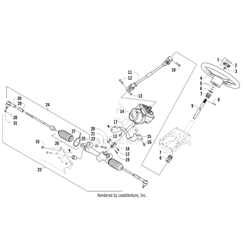 Exploded diagram of a vehicle steering system with labeled parts like the steering wheel, rack and pinion, and tie rods—perfect for identifying or matching Arctic Cats Eps Assembly - Sae.