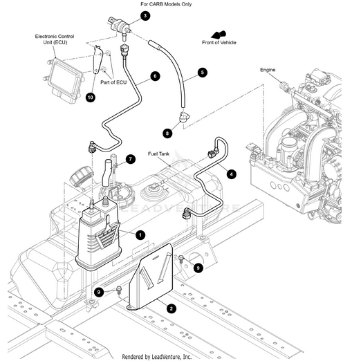 Exploded diagram of a vehicle fuel system with OEM Arctic Cat parts, including the fuel tank, engine, ECU, lines, and the Purge Valve Mounting Bracket Black by Arctic Cat. Components are labeled with numbers and installation notes.