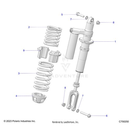An Image of a Genuine Polaris Parts Schematic Diagram showing the schematic - SUSPENSION: FRONT SHOCK MOUNTING - 2025 POLARIS RZR PRO S 4 SPORT