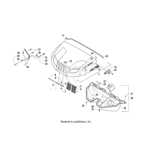 Exploded diagram of a vehicle’s front hood assembly, showing the hood panel, hinges, latch, air intake parts, and numbered fasteners—perfect for locating OEM Arctic Cat parts like the Hood Decal - Xtx Right by Arctic Cat.