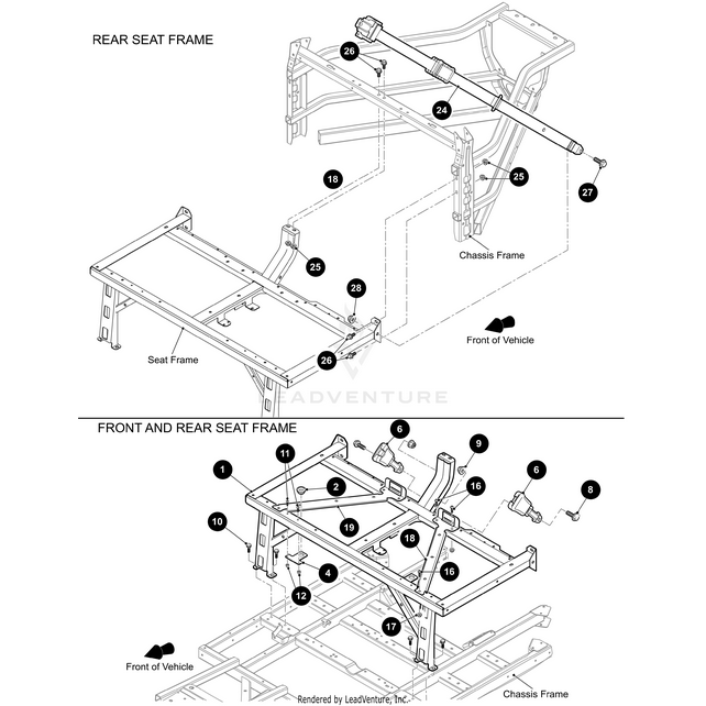 Black and white technical diagram showing assembly parts and numbers for the Seat Frame-Weld by Arctic Cat, with labels for the front of the vehicle and OEM Arctic Cat parts.