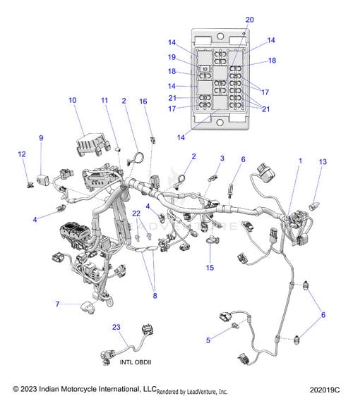 A detailed labeled diagram featuring the Cover Fusebox Cms V by Polaris, showing OEM parts, connectors, wires, a fuse box, and various plugs—ideal for motorcycle maintenance or repair reference.