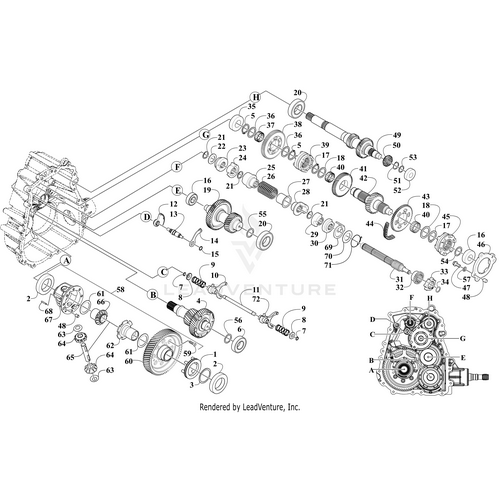 Exploded diagram of the Shaft Idler Subassembly by Arctic Cat, with labeled gears, shafts, bearings, and fasteners. Components are spread out for clarity and reference numbers identify each part.