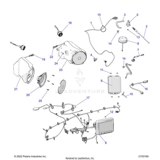 An Image of a Genuine Polaris Parts Schematic Diagram showing the schematic - ELECTRICAL: AUDIO RIDE COMMAND - 2024 POLARIS RZR PRO R PREMIUM