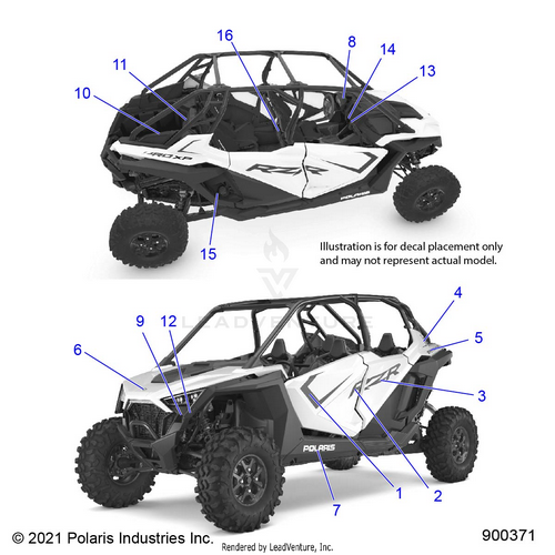 An Image of a Genuine Polaris Parts Schematic Diagram showing the schematic - BODY: DECALS - 2023 POLARIS RZR PRO XP 4 ULTIMATE