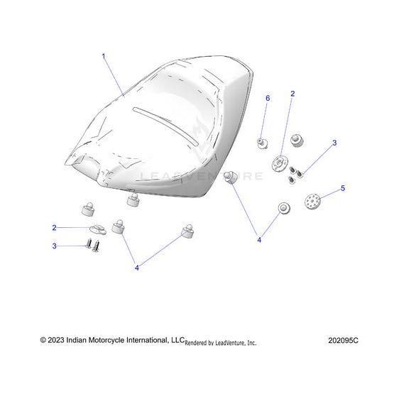 Diagram of a Seat Solo Long 2 Black 101 assembly by Polaris, showing seat and six labeled parts—includes parts 2 and 4 with screws, washers, and mounts for installation. Great for finding OEM Polaris components. © 2023 Indian Motorcycle International, LLC.