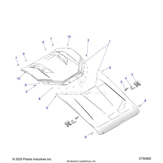 An Image of a Genuine Polaris Parts Schematic Diagram showing the schematic - BODY: ROOF - 2026 POLARIS RZR XP 4 1000 ULTIMATE
