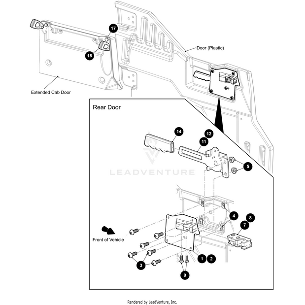 Exploded line drawing of an extended cab vehicle door detailing the rear door handle assembly with numbered OEM Arctic Cat parts, highlighting the Latch Bracket Mount Rear Left Black-Weld by Arctic Cat and its placement on the door.