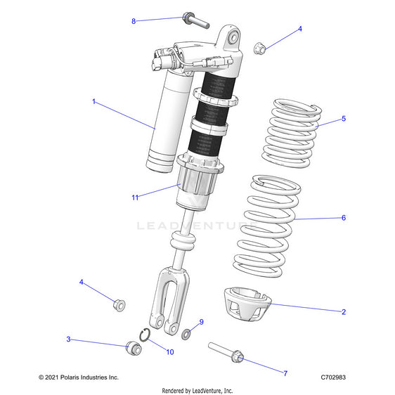 An Image of a Genuine Polaris Parts Schematic Diagram showing the schematic - SUSPENSION: FRONT SHOCK MOUNTING STANDARD/PREMIUM - 2023 POLARIS RZR TURBO R 4 PREMIUM RIDE COMMAND