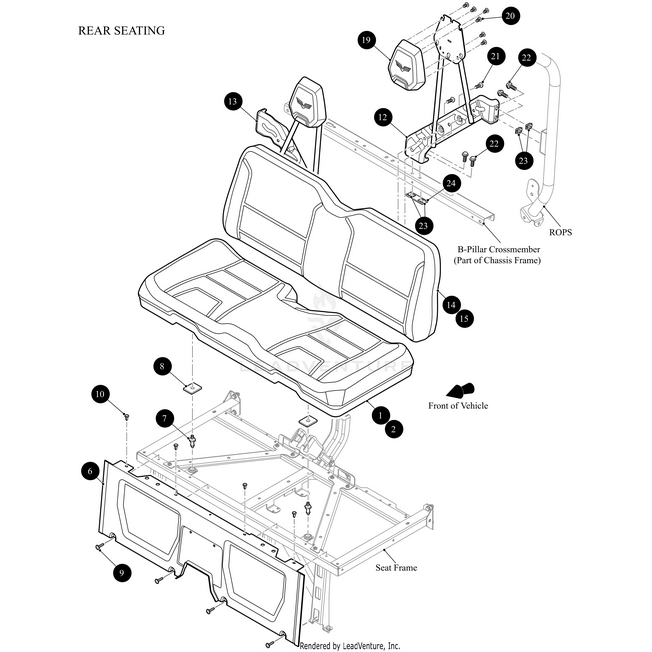 Exploded diagram of the Seat Bottom Stitched Platinum-Assembly by Arctic Cat for UTV, detailing cushion, seat frame, B-pillar crossmember, headrests, and OEM bolts/brackets with numbered labels and arrows showing assembly order.