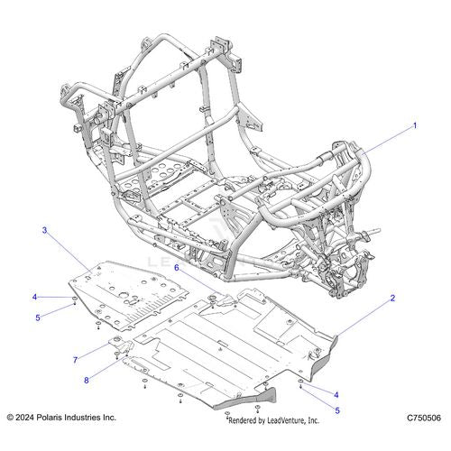 An Image of a Genuine Polaris Parts Schematic Diagram showing the schematic - CHASSIS: MAIN FRAME AND SKID PLATES - 2025 POLARIS RZR PRO S SPORT