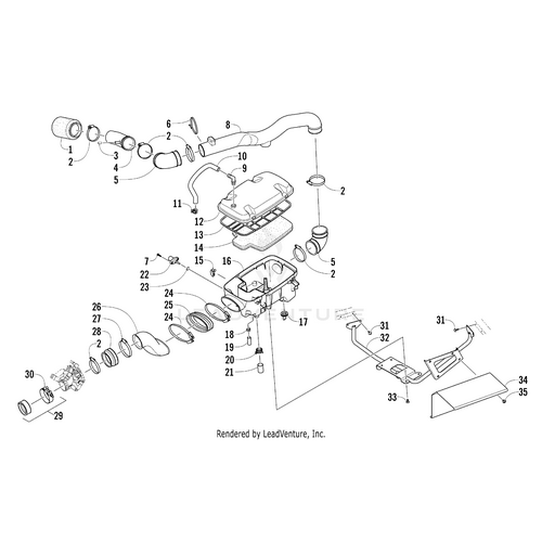 Exploded diagram of an automotive air intake system showing numbered parts like the Arctic Cat Intake Boot - Oval-Large, hoses, air filter housing, clamps, and connectors—perfect for sourcing OEM Arctic Cat parts at Witchdoctors.com.