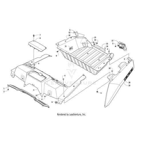 Exploded diagram of a vehicles trunk area showing labeled parts—perfect for those needing OEM Arctic Cat references like the Fender Decal-Rear (1000) by Arctic Cat and part number 5411-133.