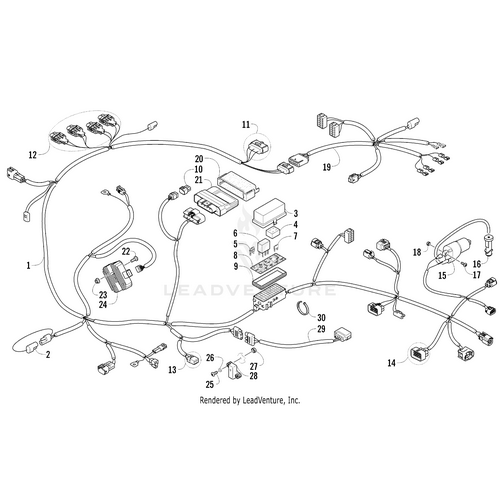 Diagram of an automotive wiring harness with numbered connectors and wires branching to electrical parts—perfect for identifying OEM parts or referencing the Power Distribution Module Decal by Arctic Cat.