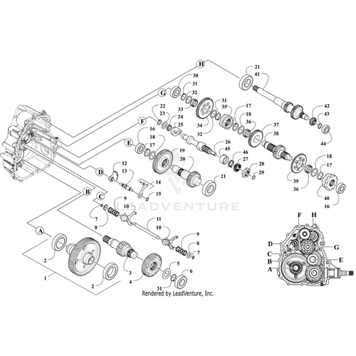 Exploded diagram of a transmission assembly displays gears, shafts, the Washer by Arctic Cat, bearings, and fasteners—each clearly labeled for simple identification and assembly on Wildcat, Prowler, and Alterra models.