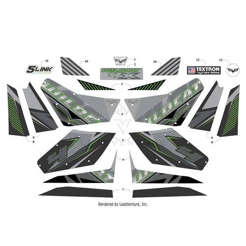 Upgrade your Arctic Cat Wildcat 4X with the Side Decal-Lower-Rear-Right (Wc 4X Ltd), featuring bold Wildcat lettering and geometric stripes in green, black, and gray—ideal for a custom off-road vehicle look.