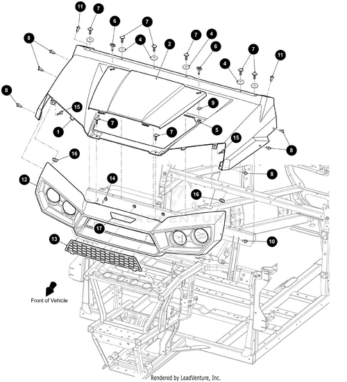 Line drawing of a vehicle’s front end shows the hood and a visible frame structure, with numbered parts for easy reference, highlighting the OEM Arctic Cat UTV Cowl Black for Wildcat, Prowler, or Alterra models.
