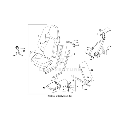 Exploded diagram of a car seat assembly, showing labeled parts such as the seat cushion, backrest, frame, sliding tracks, and the OEM Seat Belt - 3 Point by Arctic Cat along with adjustment mechanisms.