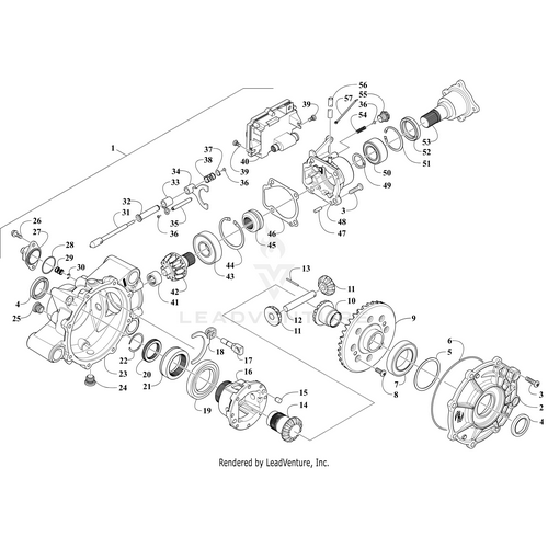 Exploded diagram of a mechanical gearbox assembly with all labeled parts, including gears, shafts, seals, bearings, washers, covers, and the Arctic Cat Needle Bearing Drn Shell .625X.875X.500. OEM Arctic Cat parts at Witchdoctors.com.