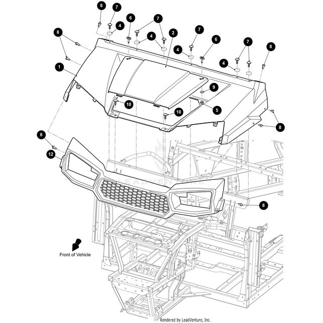 Exploded diagram of the Front Fascia by Arctic Cat, showing numbered components such as hood, grille, and fasteners with their installation points. Arrows mark the vehicle’s front and key attachment areas for OEM part placement.