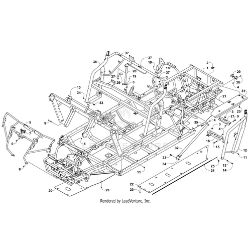 Exploded diagram of a vehicle chassis showing frame, roll cage, and mounting parts—including the Arctic Cat Frame Center - W/Decals (Inc. 37)—each labeled for reference to illustrate component positions and assembly relationships.