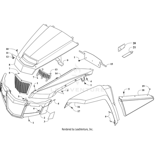 Exploded diagram of a car’s front-end like an Arctic Cat UTV, with hood, grille, bumper, headlight, and the Front Fender - Outer - Right - White by Arctic Cat—each part separated and numbered for identification.