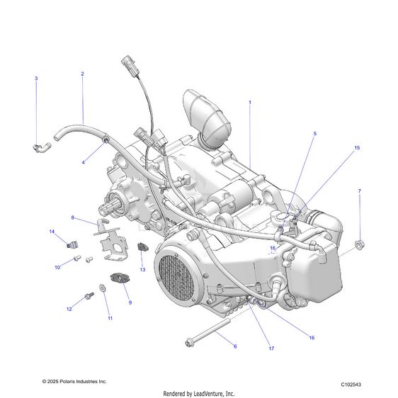 An Image of a Genuine Polaris Parts Schematic Diagram showing the schematic - ENGINE: ENGINE and TRANSMISSION MOUNTING - 2025 POLARIS RZR 200 MD