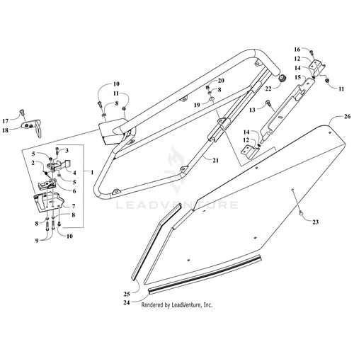 Exploded diagram of the Door W/O Decals - Left - Black by Arctic Cat, showing labeled parts like the door frame, handle, window, brackets, screws, and bolts—perfect for identifying OEM parts or referencing UTV/ATV accessories during assembly.