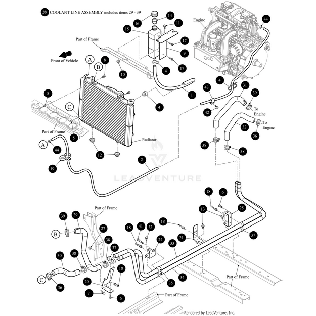 Diagram of a vehicle coolant line assembly with labeled engine, radiator, hoses, connectors, frame parts, and the Overflow Tank Mounting Bracket Black by Arctic Cat; numbered components and coolant flow arrows assist in sourcing OEM Arctic Cat parts.