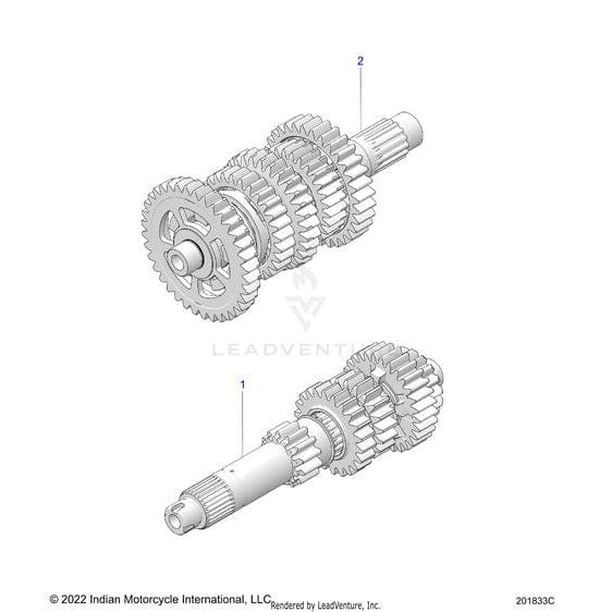 Technical diagram features two labeled assemblies (1 and 2) of interlocking transmission gears for the Polaris Input 5 Speed, showing OEM and factory-direct components in grayscale on a white background.