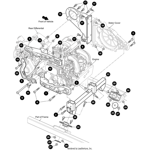 Exploded diagram of a vehicle’s rear differential, Engine Frame - Weldment by Arctic Cat, and stator cover assembly with numbered OEM Arctic Cat parts and fasteners for installation or repair reference from Witchdoctors.com.