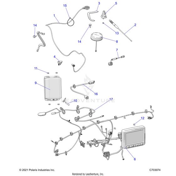 An Image of a Genuine Polaris Parts Schematic Diagram showing the schematic - ELECTRICAL: AUDIO RIDE COMMAND - 2022 POLARIS RZR PRO R 4 SPORT