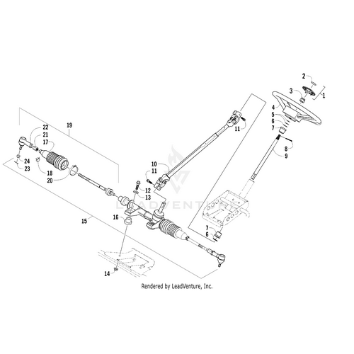 Exploded diagram of the Arctic Cat Steering Assembly - Rack and Pinion (Inc. 16-23), showing labeled steering wheel, column, joints, tie rods, and boots—perfect for referencing OEM Arctic Cat parts or steering assembly details.