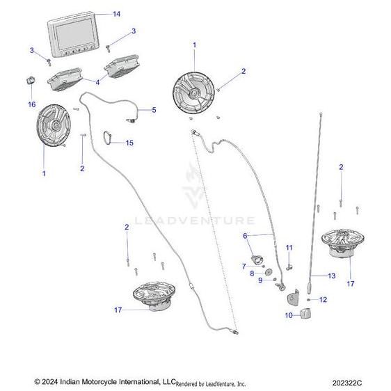 Diagram of motorcycle parts with Polaris OEM components and the Speaker 6.5 100W Amp 2.0 Nl V2 [Intl] by Polaris, plus cables, connectors, and hardware—each item numbered for easy ID in this Indian Motorcycle OEM sound system guide.