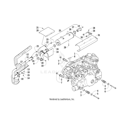 Exploded technical diagram of the Arctic Cat Engine A950Gh2 (Inc. 2-3) exhaust system and engine, with labeled parts—such as muffler, pipes, fasteners, and heat shield—perfect for referencing genuine factory parts during assembly.