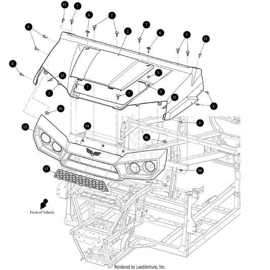 Exploded diagram of a vehicles front hood assembly with numbered parts, highlighting the UTV Cowl Inferno Red by Arctic Cat, grille, and frame for accurate assembly using genuine OEM Arctic Cat parts.