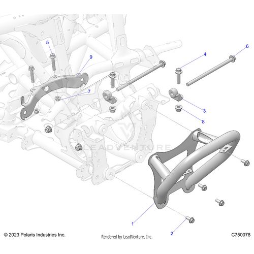 An Image of a Genuine Polaris Parts Schematic Diagram showing the schematic - CHASSIS: FRONT GEARCASE AND BUMPER MOUNTING - 2025 POLARIS RZR PRO R 4 SPORT