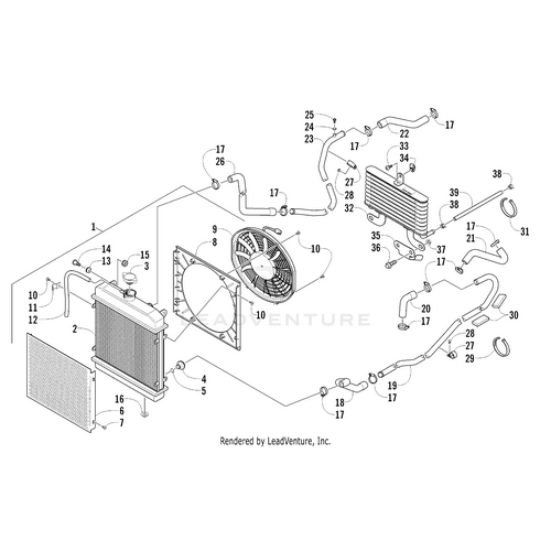 Line diagram of a vehicle cooling system with labeled parts such as radiator, cooling fan, connectors, clamps, and hoses including the Oil Hose Lower by Arctic Cat; all components are numbered for easy reference.