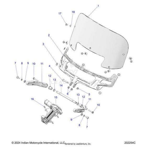 Exploded diagram of a motorcycle windshield assembly with numbered parts, including Rod Pivot Ws by Polaris, brackets, bolts, nuts, and the main windshield. All components are labeled with reference numbers for assembly.