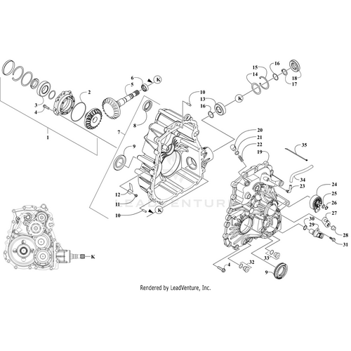 Exploded view diagram of a gearbox assembly with numbered parts, featuring gears, shafts, bearings, housing components, and OEM Arctic Cat Parts like the Seal by Arctic Cat. Inset displays the fully assembled gearbox from another angle.