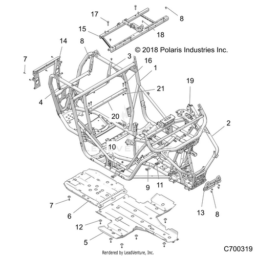 An Image of a Genuine Polaris Parts Schematic Diagram showing the schematic - CHASSIS: MAIN FRAME AND SKID PLATES - 2021 POLARIS RZR XP TURBO