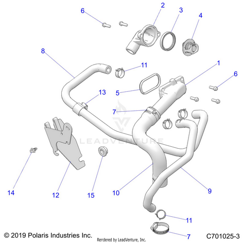 An Image of a Genuine Polaris Parts Schematic Diagram showing the schematic - ENGINE: COOLING THERMOSTAT AND BYPASS - 2024 POLARIS RZR 900 TRAIL S
